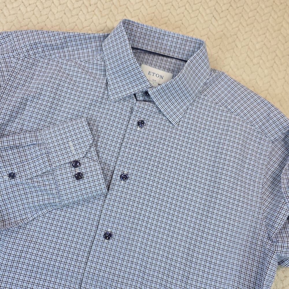 Eton Slim Fit Dress Shirt Blue White Micro Check Cotton Twill 41 16 L